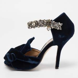  N°21 Navy Blue Velvet Crystal Embellished Ankle Strap Sandals Size 36