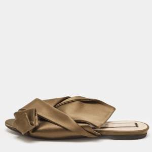 N21 Olive Green Satin Raso Knot Flat Slides Size 39