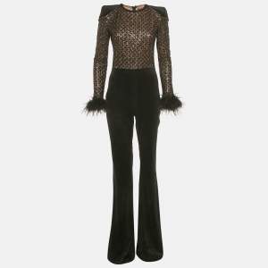 Pre Owned Nadine Merabi Black Patterned Sequin Knit and Velvet Feather Detail Jumpsuit M