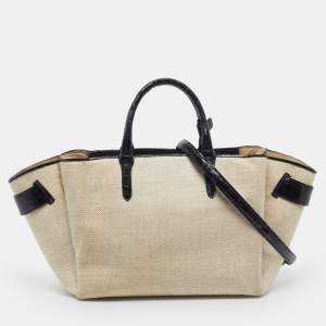 مملوكة مسبقًا Nancy Gonzalez Cristie Black/Beige Canvas and Croc Embossed Leather Tote