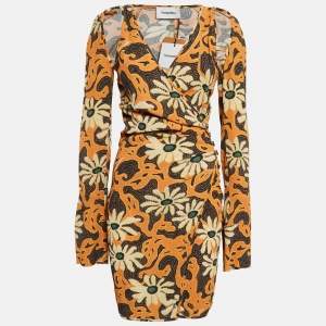 Nanushka Orange Floral Print Crepe Cut-Out Detail Ira Mini Dress XS 