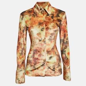 Nanushka Orange Hazy Floral Print Stretch Velvet Shirt XS