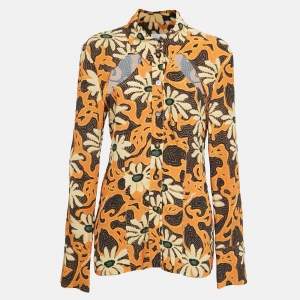 Nanushka Orange Floral Print Crepe Cut-Out Slim Fit Shirt L