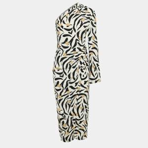 Nanushka Cream Floral Animal Print Crepe One-Shoulder Midi Wrap Dress XS