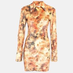 Nanushka Orange Hazy Floral Print Stretch Velvet Mini Shirt Dress L