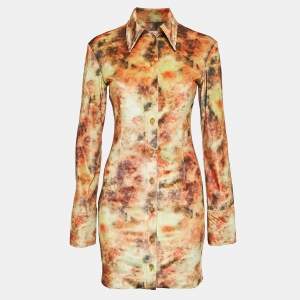 Nanushka Orange Hazy Floral Print Stretch Velvet Shirt Dress XS