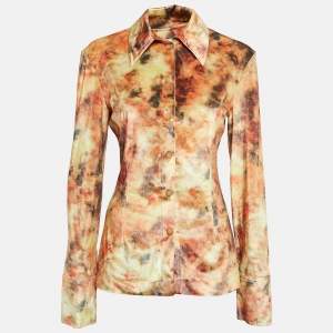 Nanushka Orange Hazy Floral Print Stretch Velvet Shirt L