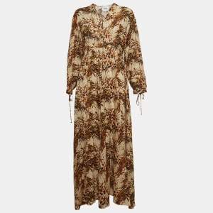 Nanushka Brown Printed Cotton V Neck Maxi Dress M