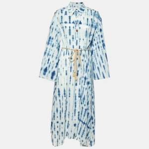 Nanushka Blue Tie-Dye Print  Cotton Belted Long Dress XS