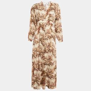 Nanushka Brown Animal Print Cotton V-Neck Maxi Dress L