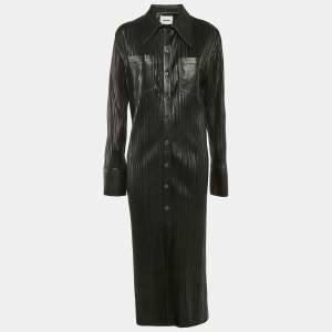 Nanushka Black Faux Leather Fitted Midi Shirt Dress XL