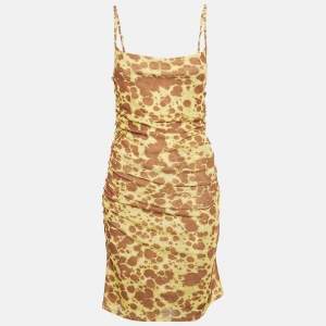 Pre Owned Nanushka Yellow /Brown Printed Mesh Jersey Adle Mini Dress M 