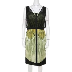 Narciso Rodriguez Green Satin and Black Mesh Overlay Sleeveless Dress M 