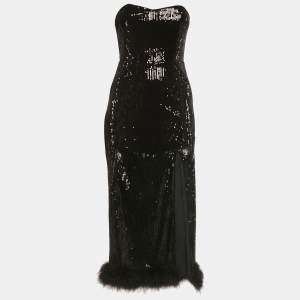 Pre Owned NBD Black Sequin Strapless Feather Trim Kalindi Midi Dress XS