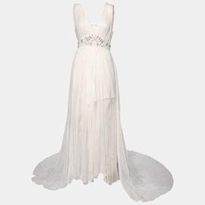 Needle & Thread White Chiffon Crystal Embellished Plunging Neck Tulle Dress M