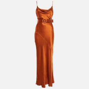 Nicholas Brown Satin Cowl Neck Belted Maxi Slip Dress L