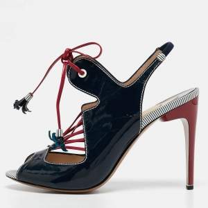 Nicholas Kirkwood Navy Blue Patent Leather Ankle Strap Sandals Size 40.5