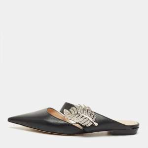 Pre Owned Nicholas Kirkwood Black Leather Crystal Embellished Monstera Flat Mules Size 37