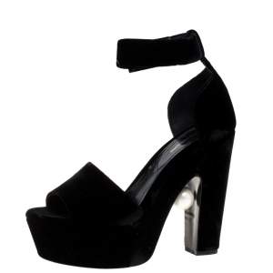 Nicholas Kirkwood Black Velvet Pearl Embellished Ankle Cuff Platform Sandals Size 38