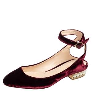Nicholas Kirkwood Burgundy Velvet Lola Pearl Embellished Ankle-Strap Ballet Flats Size 40