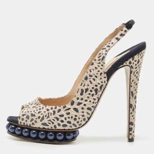 Nicholas Kirkwood Navy Blue/Cream Laser Cut Lace and Suede Pearl Platform Peep Toe Slingback Pumps Size 39