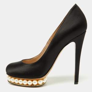 Nicholas Kirkwood Black Satin Casati Faux Pearl Platform Pumps Size 38