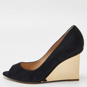 Nicholas Kirkwood Black Suede Peep Toe Wedge Pumps Size 39.5