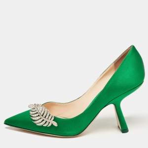 Nicholas Kirkwood Green Satin Crystal Embellished Monstera Pumps Size 38.5