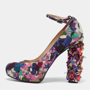 Nicholas Kirkwood Multicolor Printed Fabric Embellished Heel Ankle Strap Pumps Size 40