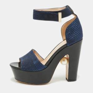 Nicholas Kirkwood Blue/Black Lurex Fabric and Patent Maya Sandals Size 38