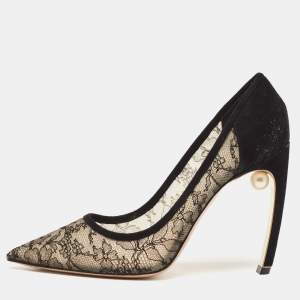 Nicholas Kirkwood Black/Beige Suede and Lace Pearl Embellished Pointed Toe Pumps Size 41