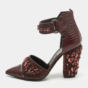 Pre Owned Nicholas Kirkwood Burgundy Croc Embossed and Crystal Embellished Pumps Size 36