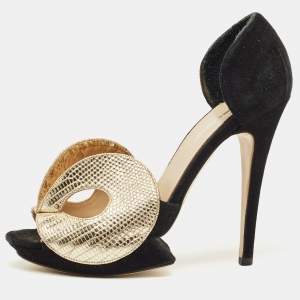 مملوكة مسبقًا Nicholas Kirkwood Size 37 Black/Gold Leather and Suede Platform Sandals