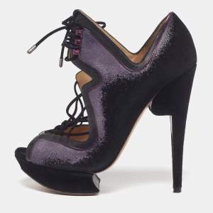 Pre Owned Nicholas Kirkwood Size 38.5 Purple/Black Leather and Suede Peep Toe Pumps