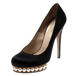 Nicholas Kirkwood Black Satin Casati Faux Pearl Platform Pumps Size 39