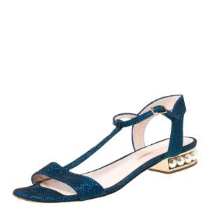 Nicholas Kirkwood Blue/Black Glitter Fabric T-Strap Casati Pearl Sandals Size 38