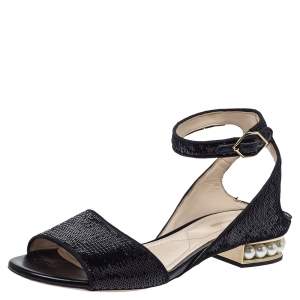 Nicholas Kirkwood Black Sequin Embellished Fabric Casati Pearl Ankle Strap Sandals Size 37.5