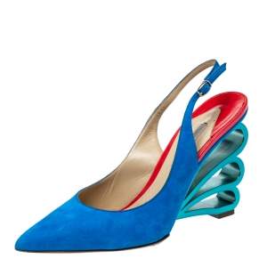 Nicholas Kirkwood Blue Suede 'Wave Heel' Pointed Toe Slingback Sandals Size 38