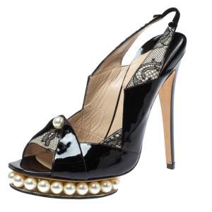 Nicholas Kirkwood Black Patent Leather And Lace Pearl Platform Slingback Sandals Size 40