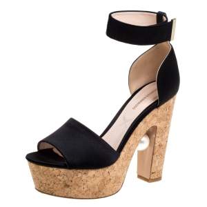 Nicholas Kirkwo Black Satin Pearl Embellished Cork Platform Sandals Size 39