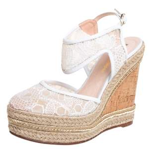 Nicholas Kirkwood White Lace Wedge Platform Ankle Strap Espadrilles Size 35.5