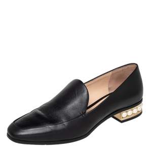 Nicholas Kirkwood Black Leather Casati Pearl Embellished Heel Loafers Size 38
