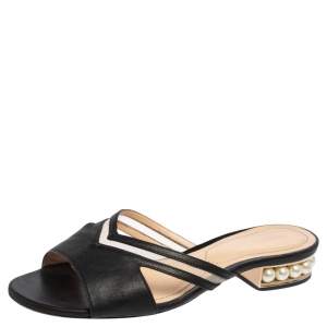 Nicholas Kirkwood Black Mesh and Leather Pearl Embellished Flat Slides Size 37