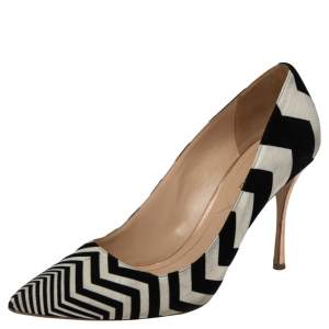 Nicholas Kirkwood Black/White Zigzag Print Suede Pointed Toe Pumps Size 39