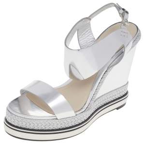 Nicholas Kirkwood Metallic Silver Foil Leather Wedge Espadrille Ankle Strap Sandals Size 37.5 