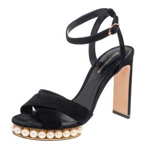 Nicholas Kirkwood Black Suede  Pearl Embellished Platform Ankle Strap Sandals Size 38