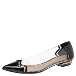 Nicholas Kirkwood Black Patent Leather & PVC Chevron Pointed Toe Ballet Flats 38