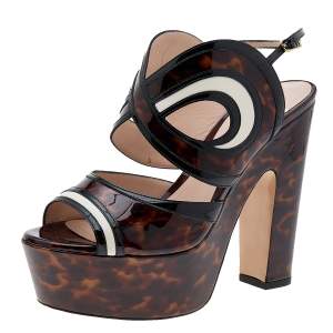 Nicholas Kirkwood Brown Marble Print Patent Leather Platform Block Heel Sandals Size 36.5  