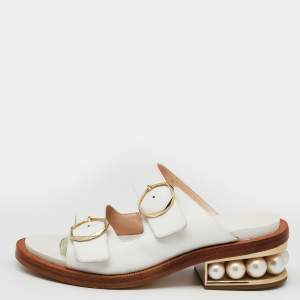 Nicholas Kirkwood White Leather Pearl Heel Slide Sandals Size 36