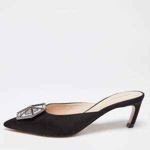 Nicholas Kirkwood Black Satin Eden Crystals Embellished Mule Sandals Size 38.5